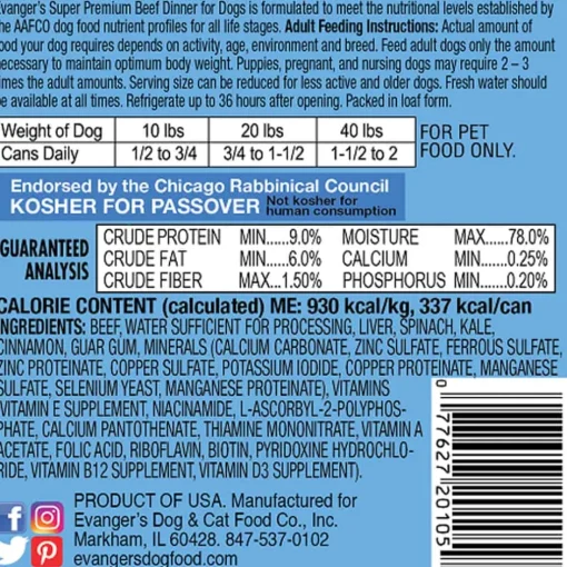 Hot Evangers Evanger's Super Premium Beef Dinner Canned Dog Food