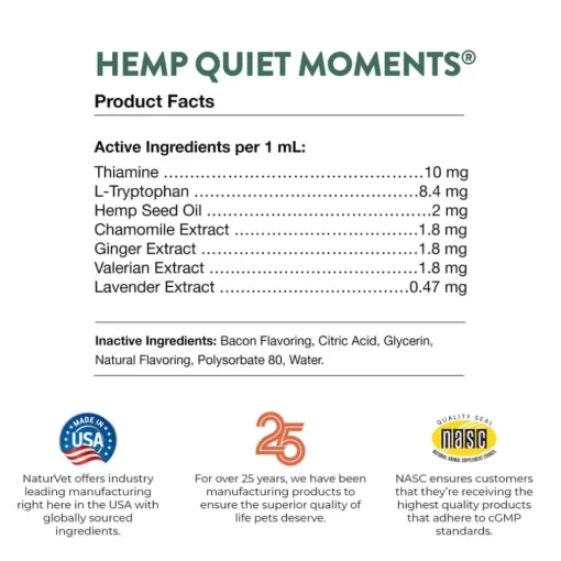 New NaturVet Hemp Quiet Moments Hemp Oil Calming Drops Supplement for Cat